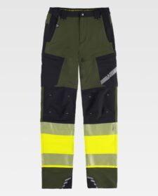 Pantalón elástico tricolor combinado con alta visibilidad y cintas reflectantes segmentadas. Dos bolsos de abertura inclinada en los costados, dos bolsos laterales de plastón con cierre de cremallera y bolsos superpuestos. Dos bolsos traseros interiores. Cortes decorativos con pinza en rodilla. Dos cintas reflectantes segmentadas termoadhesivas en perneras. Cinta decorativa personalizada en bolso de pernera. Elástico en los laterales de la cintura. Trabillas anchas. Detalles reflectantes. Cierre de botón metálico y bragueta de cremallera. - Imagen 3