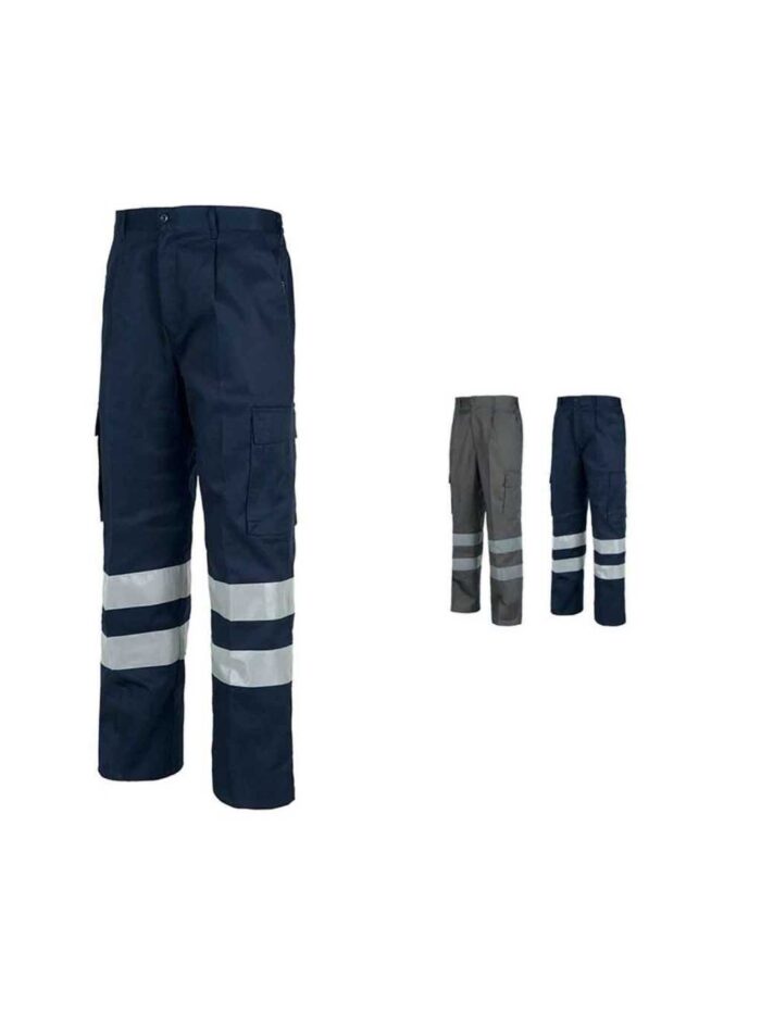 Worteam Pantalón trabajo, 2 cintas reflectantes,  cintura elástica y multibolsillos. Construcción, Industria, etc.