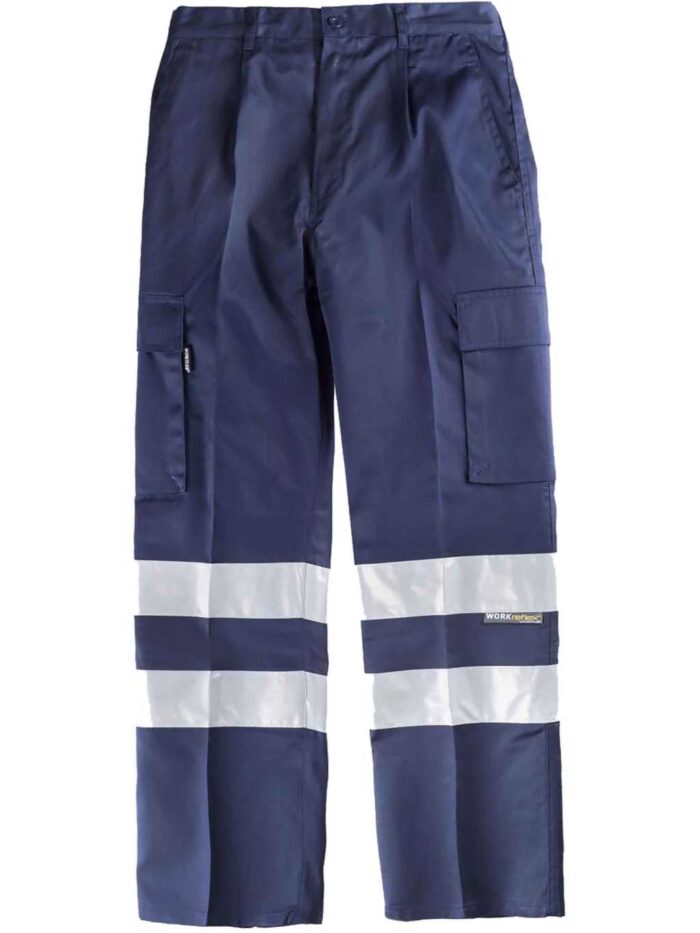 Worteam Pantalón trabajo, 2 cintas reflectantes,  cintura elástica y multibolsillos. Construcción, Industria, etc.