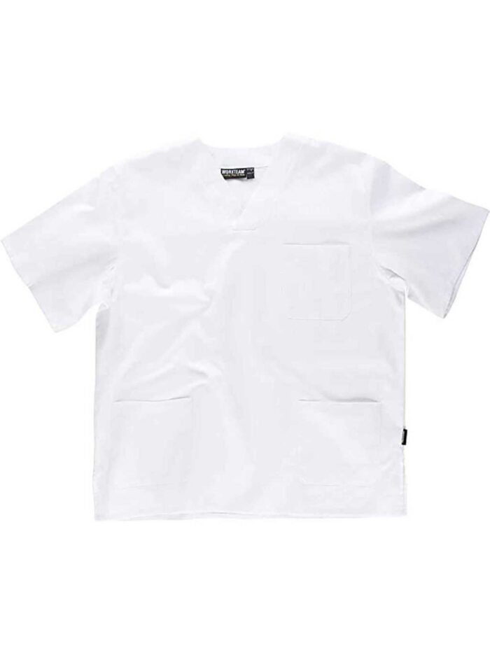 WorkTeam Casaca Sanitario, Cuello de Pico, Manga Corta, un Bolso de Pecho, 2 Bolsos Bajos, 100% Algodón. Unisex