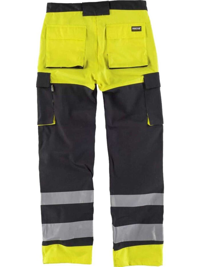 Workteam Pantalón Trabajo de Alta Visibilidad, Triple Costura, Tejido Grueso y Cintas Reflectantes. Hombre