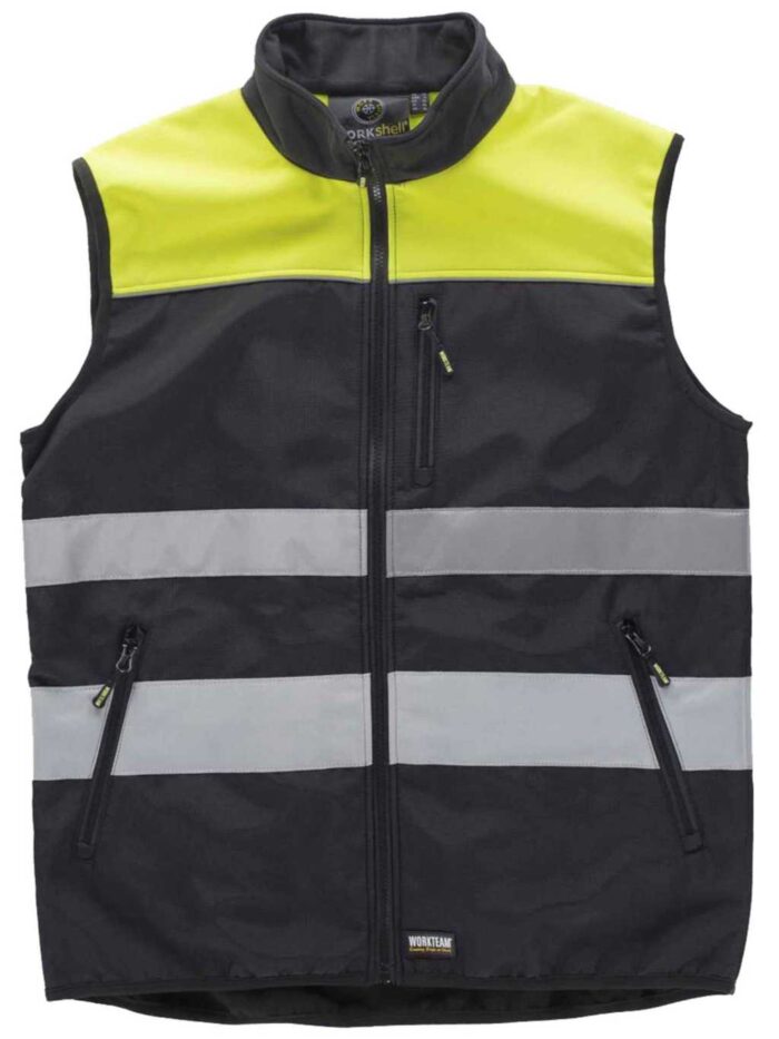 WorkTeam Chaleco Workshell Impermeable, Cortavientos, Combinado con Alta Visibilidad, Cintas Reflectantes de Diferentes Tamaños. Hombre