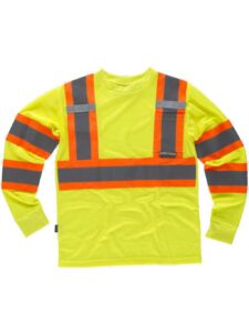 WorkTeam Camiseta Reflectante-Fluorescente de Manga Larga en poliéster Ojo de Perdíz. Cuallo Redondo con cubrecosturas interior. Trabillas de cinta.