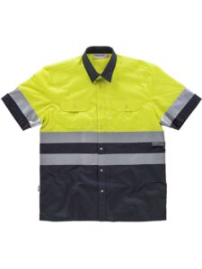 WorkTeam Camisa Manga Corta combinada ALTA VISIBILIDAD, con 2 Bolsos de Pecho y con Cintas Reflectantes. Hombre