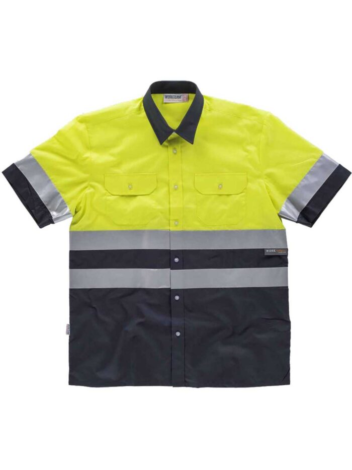 WorkTeam Camisa Manga Corta combinada ALTA VISIBILIDAD, con 2 Bolsos de Pecho y con Cintas Reflectantes. Hombre