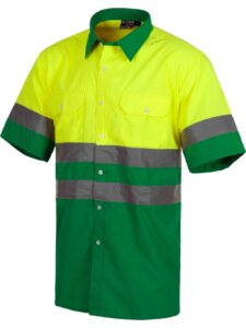 WorkTeam Camisa Manga Corta combinada ALTA VISIBILIDAD, con 2 Bolsos de Pecho y con Cintas Reflectantes. Hombre