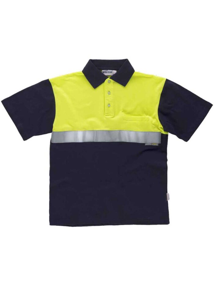 Work Team Polo Manga Corta ALTA VISIBILIDAD, con Canesú Combinado, un Bolso de Pecho, una Cinta Reflectante, 100% Algodón. Hombre