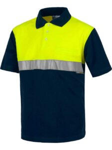 Work Team Polo Manga Corta ALTA VISIBILIDAD, con Canesú Combinado, un Bolso de Pecho, una Cinta Reflectante, 100% Algodón. Hombre