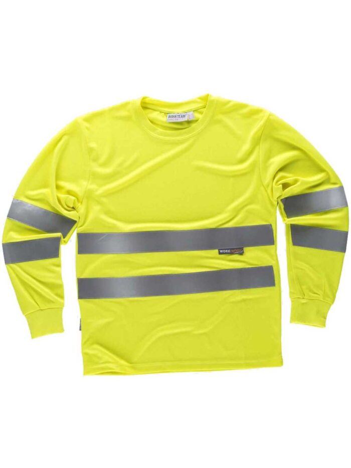 WorkTeam Camiseta Cuello Caja, Manga Larga, Alta Visibilidad, Cintas Reflectantes Hombre