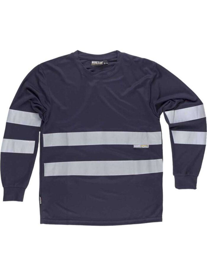 WorkTeam Camiseta Cuello Caja, Manga Larga, Cintas Reflectantes Hombre