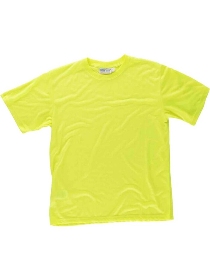 Workteam Camiseta de Alta Visibilidad de Manga Corta en poliéster. Corte Clásico. Cuello Redondo en Punto Canalé con cubrecosturas Interior. Tacto algodón.