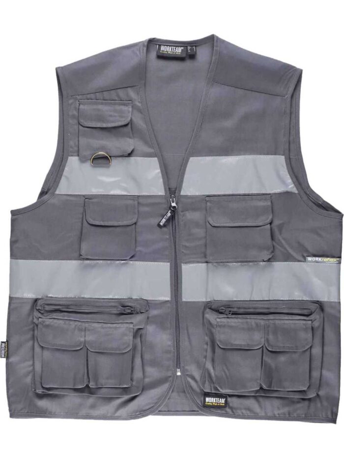 WorkTeam Chaleco Tipo Safari Multibolsillos con 2 Cintas Reflectantes. Hombre