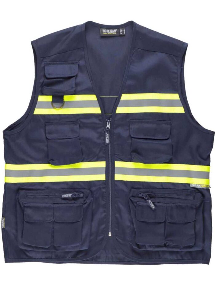 WorkTeam Chaleco con Cierre de Cremallera. Multibolsillos. Cintas Reflectantes Bicolor. Hombre