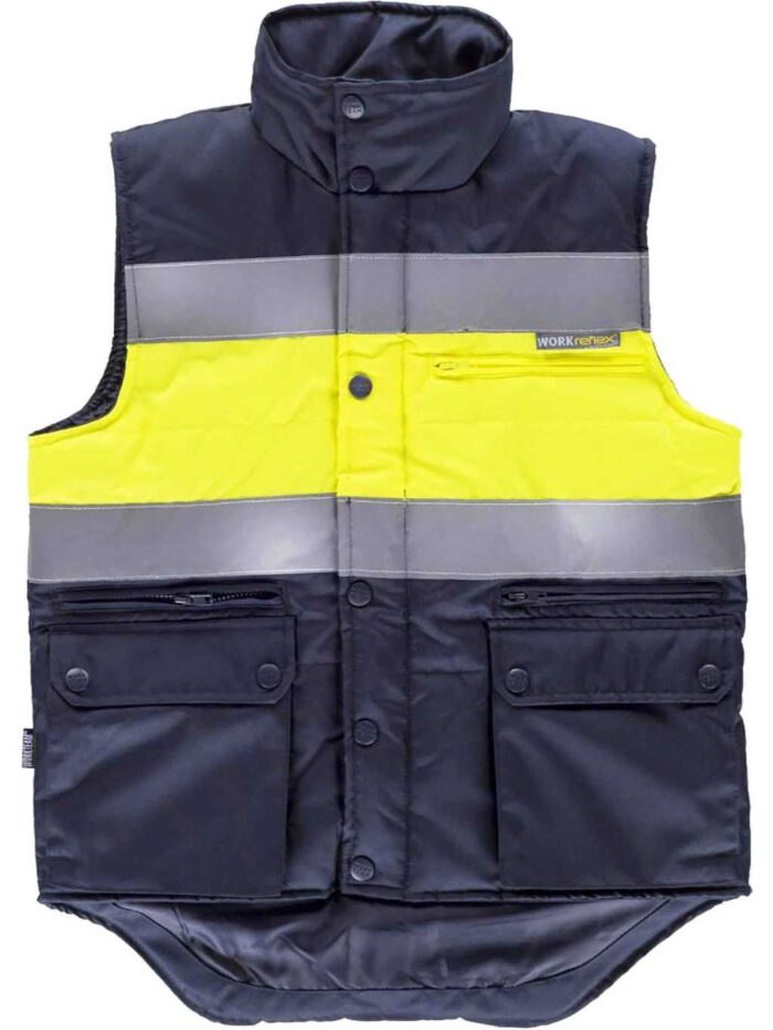 WorkTeam Chaleco acolchado y multibolsillos con dos cintas reflectantes y tejido de alta visibilidad. HOMBRE