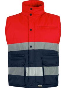 WorkTeam Chaleco Trabjo Acolchado Rojo Alta Visibilidad Bicolor con Dos Cintas Reflectantes y Tejido Oxford. Unisex