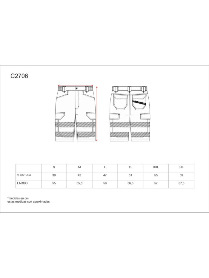 WorkTeam Pantalón Corto ó Bermuda Multibolsillos Combinado de Alta Visibilidad, con Cintas Reflectantes Discontinuas y Cintas Decorativas Personalizadas, Trabajo. Unisex