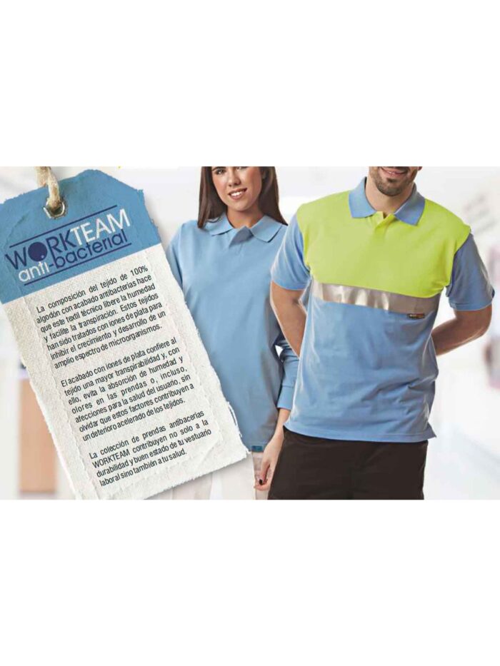 Workteam Polo Trabajo ANTIBACTERIANO de Manga Larga, cierre de Velcro, 100% algodón . Ideal Alimentación, Laboratorio, Sanidad, etc. Unisex