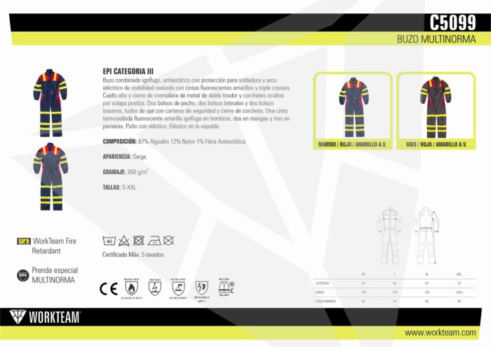 WORKTEAM Mono o Buzo Ignífugo combinado, Antiestático y Arco Eléctrico, Triple Costura, Visibilidad Realzada, Cintas Fluorescentes Amarillas y unisex - Imagen 7