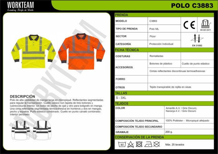 Polo hombre manga larga de Alta Visibilidad con cinta reflectante segmentada termoadhesiva, Transpirable, con bolsillo en la manga y Perchado Interior - Imagen 4