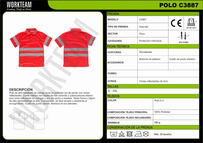 Polo de alta visibilidad de manga corta en poliéster ojo de perdiz con cintas reflectantes. Cuello clásico con tapeta de tres botones y cubrecosturas interior. Una cinta reflectante en mangas y dos en pecho y espalda. Tejido fresco y ligero de alta permeabilidad al aire. Transpirable, de fácil secado y resistente al encogimiento. Cuello en punto canalé. Abertura en los laterales. - Imagen 3