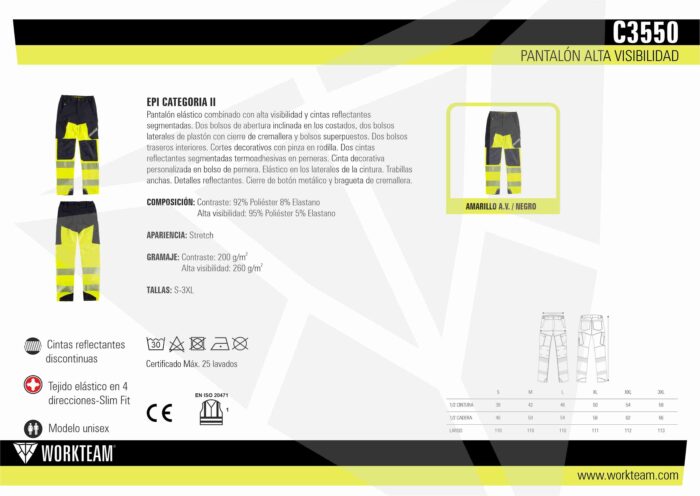 Pantalón elástico combinado con alta visibilidad y cintas reflectantes segmentadas. Dos bolsos de abertura inclinada en los costados, dos bolsos laterales de plastón con cierre de cremallera y bolsos superpuestos. Dos bolsos traseros interiores. Cortes decorativos con pinza en rodilla. Dos cintas reflectantes segmentadas termoadhesivas en perneras. Cinta decorativa personalizada en bolso de pernera. Elástico en los laterales de la cintura. Trabillas anchas. Detalles reflectantes.  Cierre de botón metálico y bragueta de cremallera. - Imagen 2