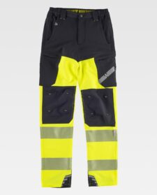Pantalón elástico combinado con alta visibilidad y cintas reflectantes segmentadas. Dos bolsos de abertura inclinada en los costados, dos bolsos laterales de plastón con cierre de cremallera y bolsos superpuestos. Dos bolsos traseros interiores. Cortes decorativos con pinza en rodilla. Dos cintas reflectantes segmentadas termoadhesivas en perneras. Cinta decorativa personalizada en bolso de pernera. Elástico en los laterales de la cintura. Trabillas anchas. Detalles reflectantes. Cierre de botón metálico y bragueta de cremallera.