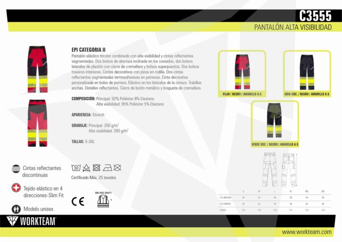 Pantalón elástico tricolor combinado con alta visibilidad y cintas reflectantes segmentadas. Dos bolsos de abertura inclinada en los costados, dos bolsos laterales de plastón con cierre de cremallera y bolsos superpuestos. Dos bolsos traseros interiores. Cortes decorativos con pinza en rodilla. Dos cintas reflectantes segmentadas termoadhesivas en perneras. Cinta decorativa personalizada en bolso de pernera. Elástico en los laterales de la cintura. Trabillas anchas. Detalles reflectantes.  Cierre de botón metálico y bragueta de cremallera. - Imagen 4