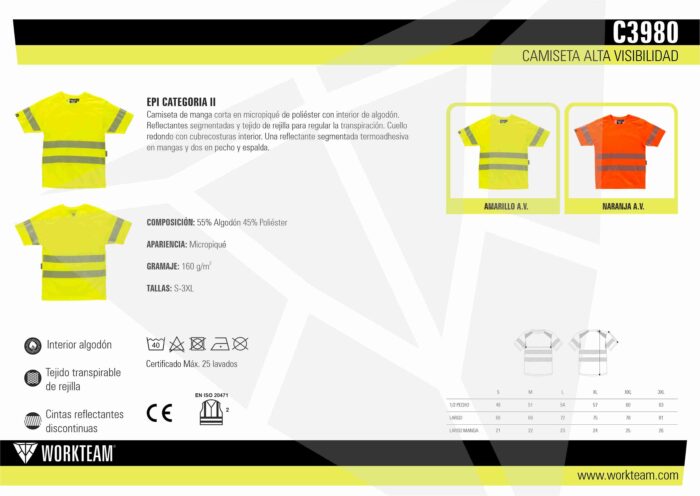 Camiseta de manga corta en micropiqué de poliéster con interior de algodón. Reflectantes segmentadas y tejido de rejilla para regular la transpiración. Cuello redondo con cubrecosturas interior. Una reflectante segmentada termoadhesiva en mangas y dos en pecho y espalda. - Imagen 3