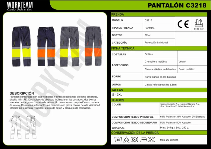 Work Team Pantalón Slim Fit de Alta Visibilidad y Cintas Reflectantes, Tejido Elástico. EN ISO 20471. Clase 1. Unisex - Imagen 6