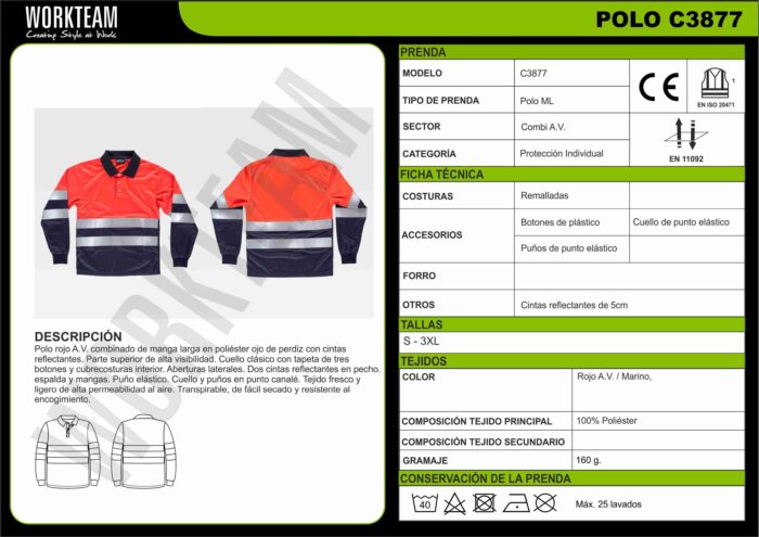 WorkTeam Polo Rojo ALTA VISIBILIDAD Combinado Manga Larga. Cintas Reflectantes Torso y Mangas. EN ISO 20471:2013 Hombre - Imagen 4